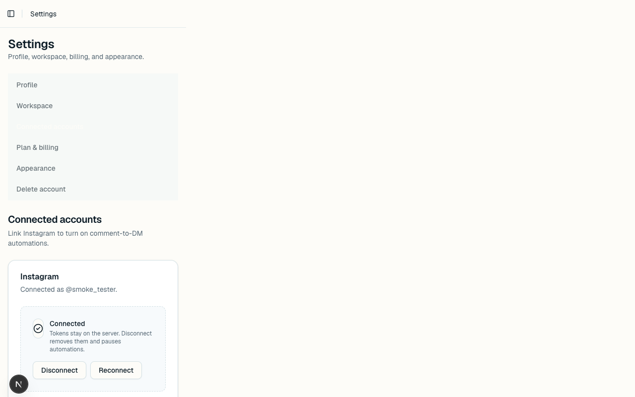 HitDM settings showing a connected Instagram Business account after Meta OAuth
