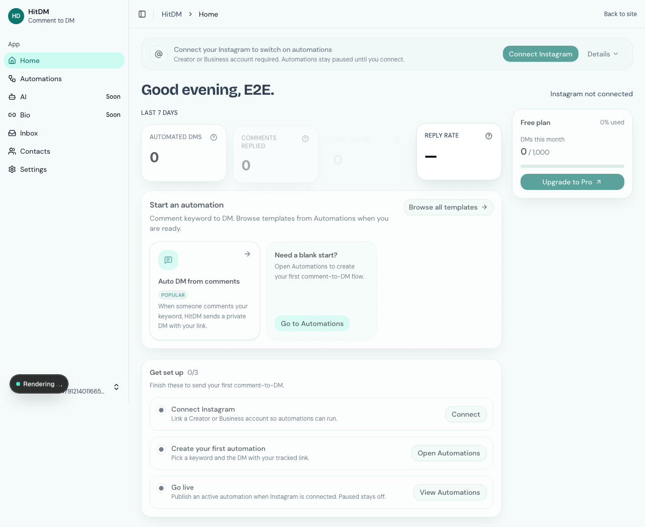 HitDM homepage showing Instagram comment-to-DM product demo: comment keyword triggers a private DM with a link